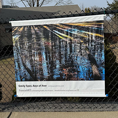 photo of banner with photo of rainbow and ice on fence